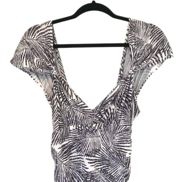 TART Size S Palm Leaf Print Ruched Bodycon Dress Stretch Navy White V-Neck - Picture 5 of 10